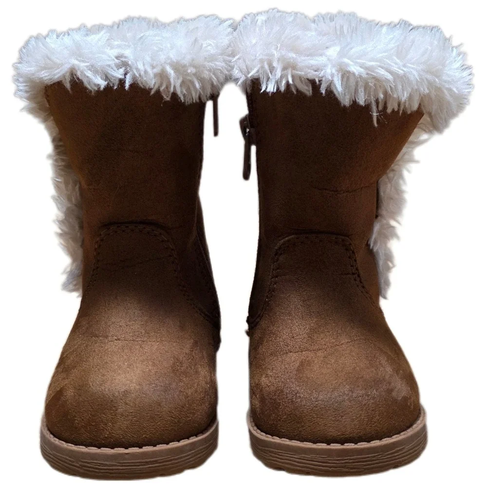 Cat & Jack Katrina Fleece Fashion Boots Girl's Size 5 Brown White Faux Fur Suede
